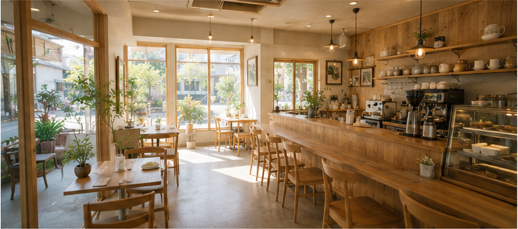 窓際に光が差し込む、koto coffeeの店内